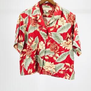 Vintage 90s Bungalow Brand Red Floral Tropical Silk Cropped Shirt